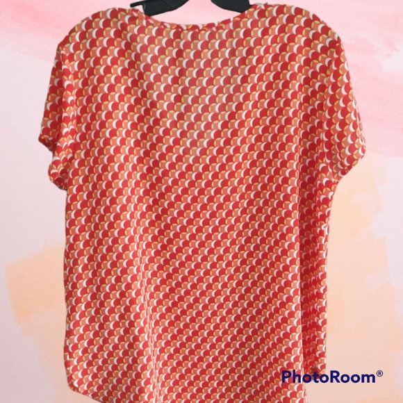 Pleione Blouse Orange Red Chiffon Pleated Sheer Top  Size XL - Picture 3 of 9